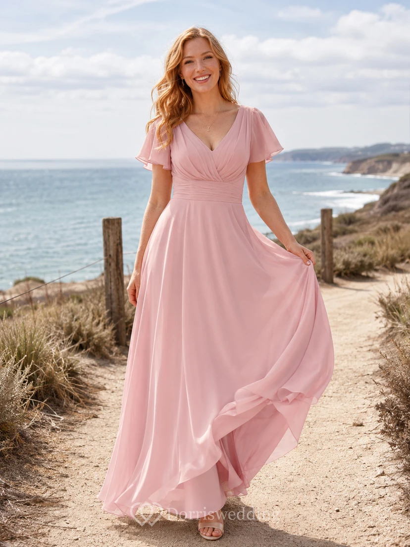 Pearl Pink Coastal A-Line Chiffon Bridesmaid Dress with V-Neck Flutter Sleeve Bodice, Pleated Floor-Length Skirt and Low V Back