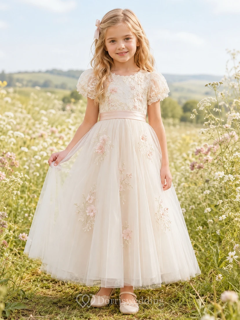 Flower Girl Dress Ivory Lace Tulle A-Line Short Sleeve Scoop Neck Tea Length