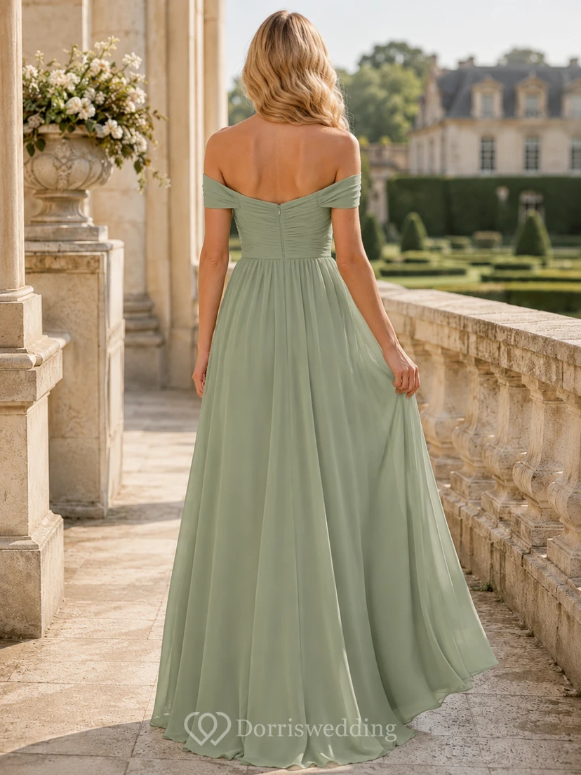 Estate Formal Sage Romantic Elegant A-Line Chiffon Bridesmaid Dress with Off Shoulder Sweetheart Short Sleeve Floor-Length Low Back view 2