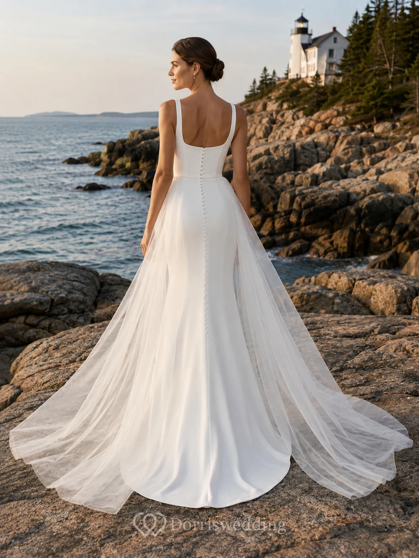 Robe de mariée fourreau en satin à encolure carrée, bretelles larges, empiècements de tulle fluide et traîne chapelle view 2