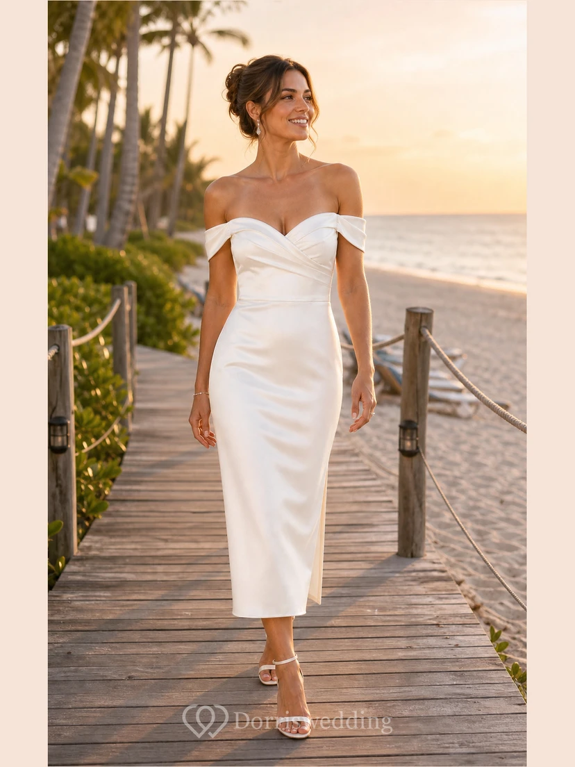 Robe de mariée midi en satin ivoire à épaules dénudées, longueur thé view 10