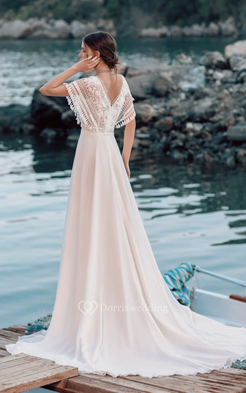 Simple Chiffon V-neck Caped Empire White Boho Wedding Dress with Low-v Back view 2