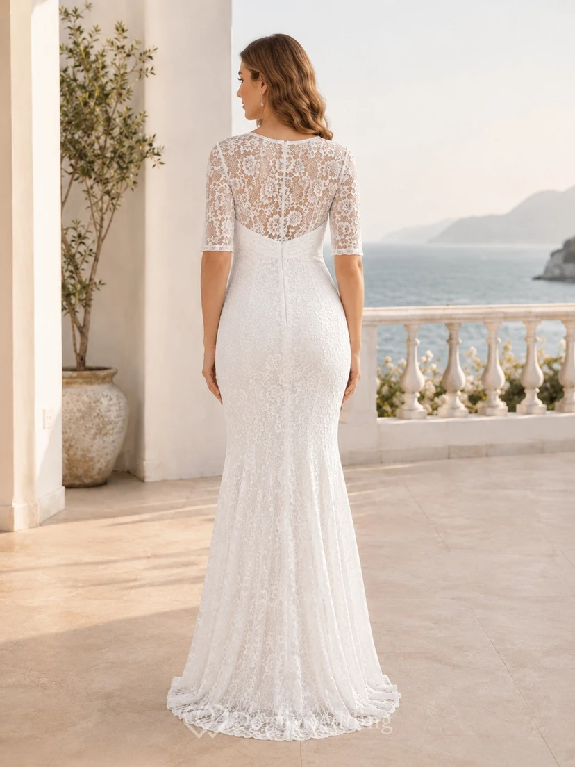 Vestido de novia premamá de encaje con escote redondo y manga corta estilo sirena view 2