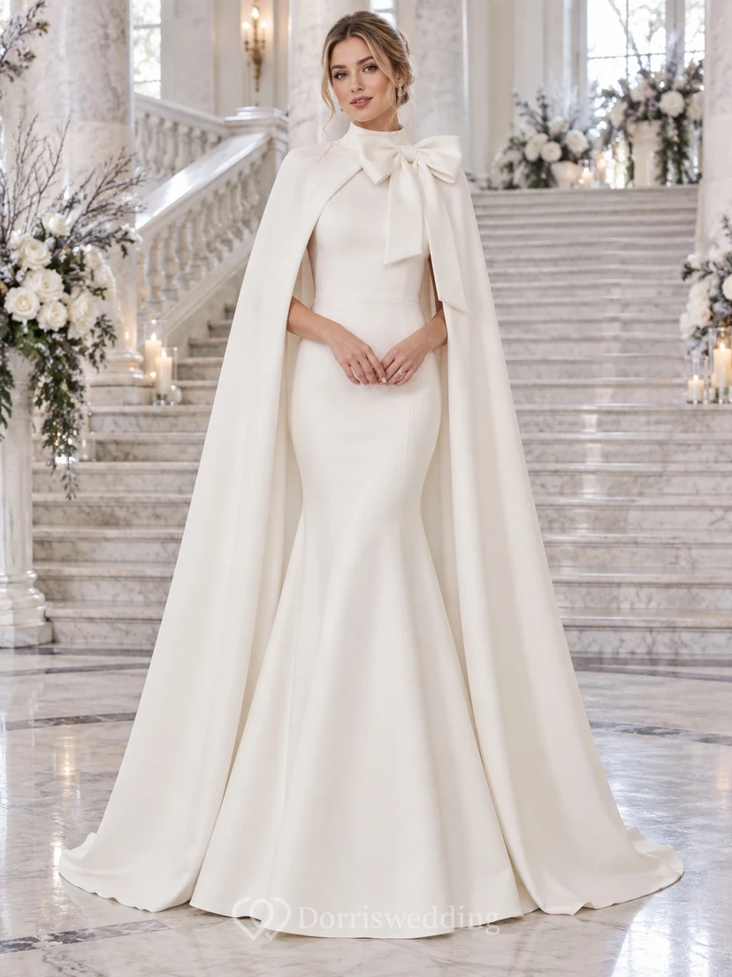 Vestido de novia largo tipo capa de crepé con cuello alto y lazo, sencillo, ideal para invierno.