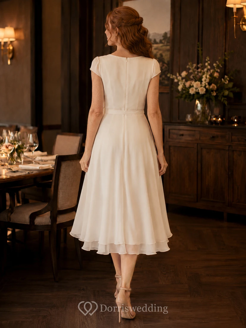 Modest cap sleeve chiffon bridal tea length A-line dress view 2
