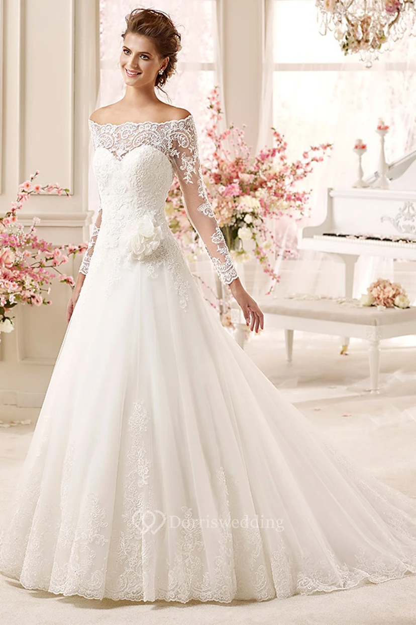 Off-shoulder A-line Dress with Long Sleeves and Flowers