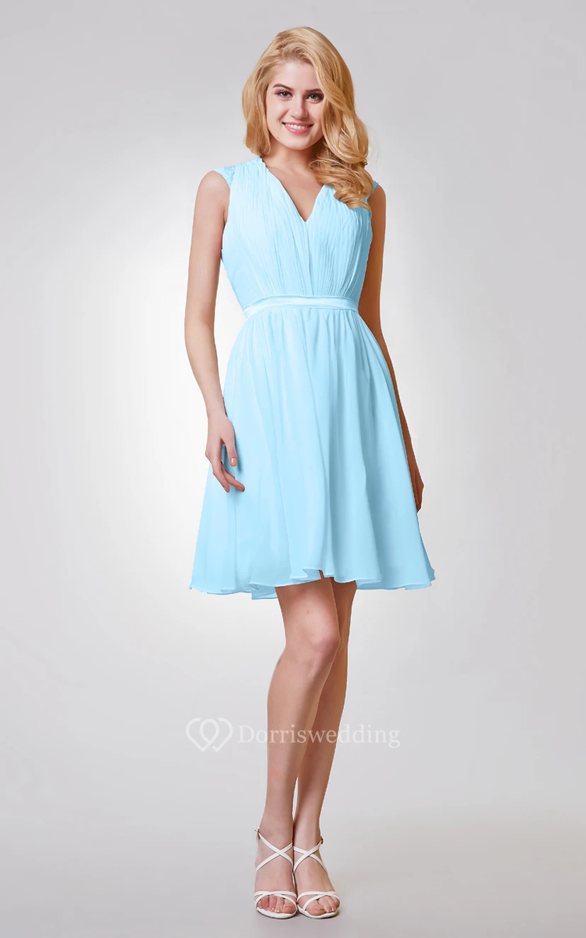 V-neck Appliqued A-line Short Chiffon Dress With Keyhole and Ruching view 7