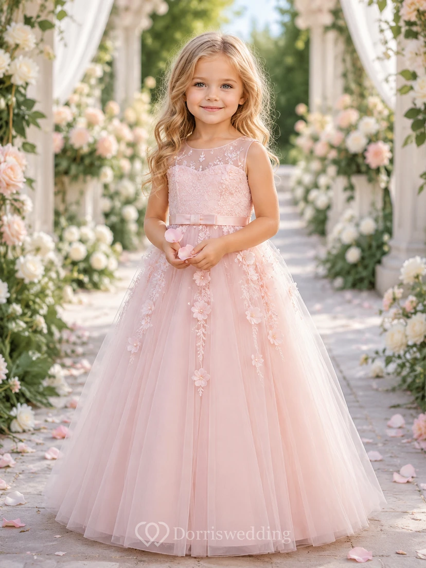 Blumenmädchenkleid aus rosafarbenem Tüll, A-Linie, Rundhalsausschnitt, Teelänge, florale Applikationen