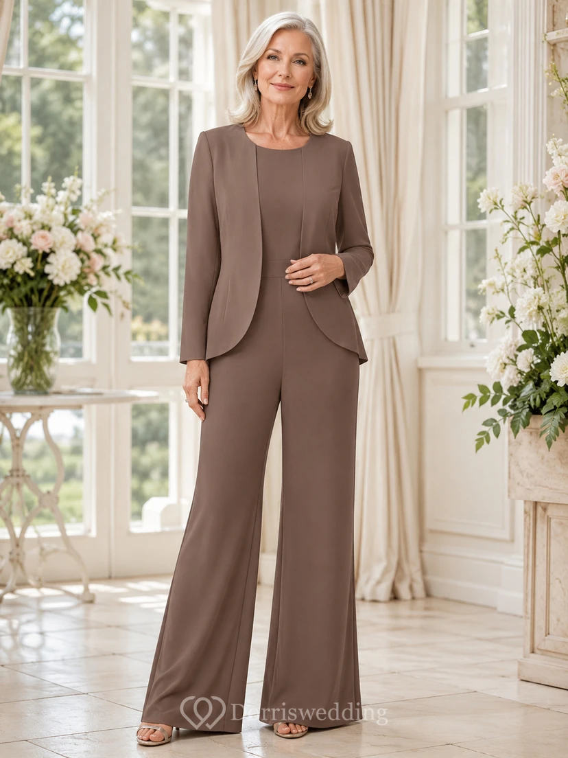 Taupe Mother Jumpsuit with Jewel Neck Asymmetrical Jacket and Wide Leg Pants