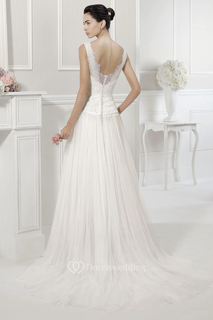 V Neck V Back Lace Drop Waist Tulle Bridal Gown With Belt view 2