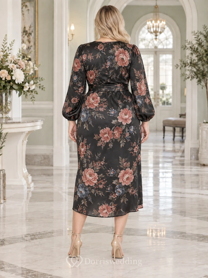 Vestido de fiesta largo hasta el suelo, talla grande, corte A, escote corazón, manga larga, estampado floral burdeos view 2