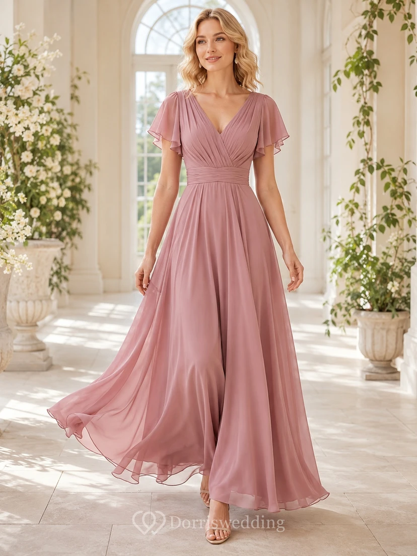 Dusty Rose Chiffon V-Neck Flutter Sleeve A-Line Floor-Length Romantic Gown