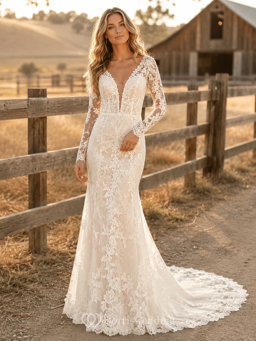 Vestido de novia de tul y encaje campestre, estilo sirena, con escote en V, manga larga, cola de corte y espalda baja en V.