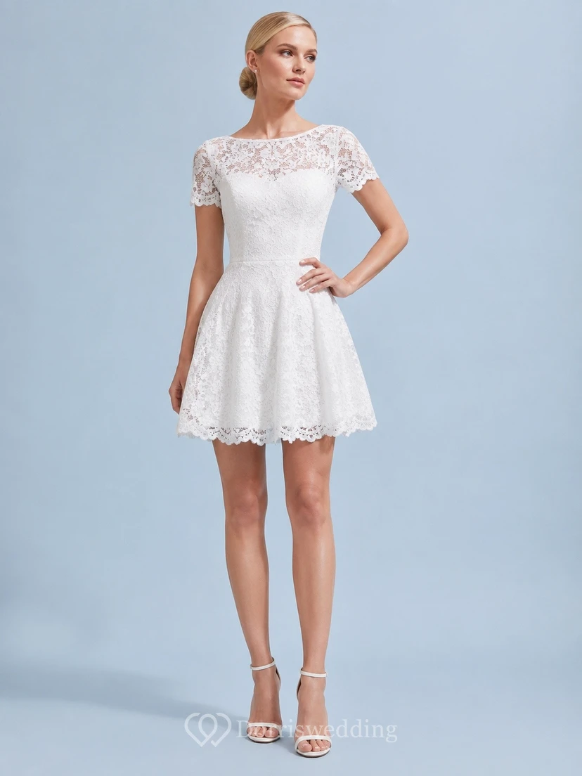 Minivestido elegante de corte A con cuello joya, manga corta y encaje blanco