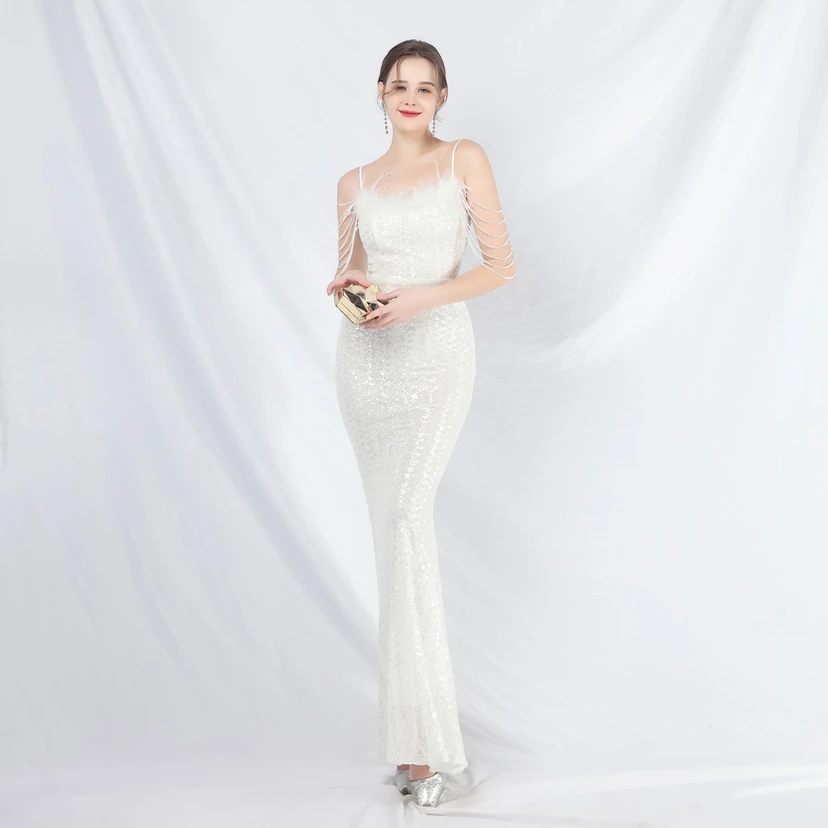 Craft Beaded Ostrich Feather Fantasy Sequined Long Evening Dress view 59