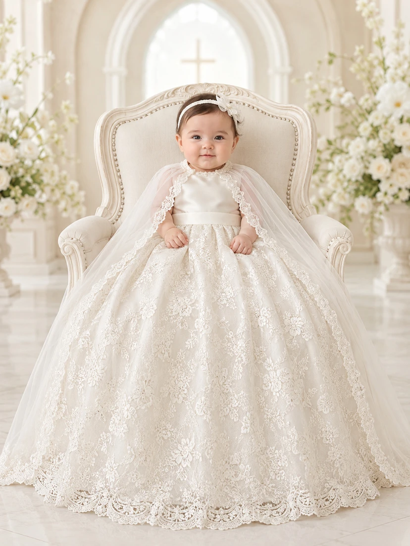 Vestido modesto para ceremonia de bautizo de bebé, corte en A, largo hasta el suelo, cuello joya, manga larga, tul, encaje, capa desmontable, espalda abotonada.