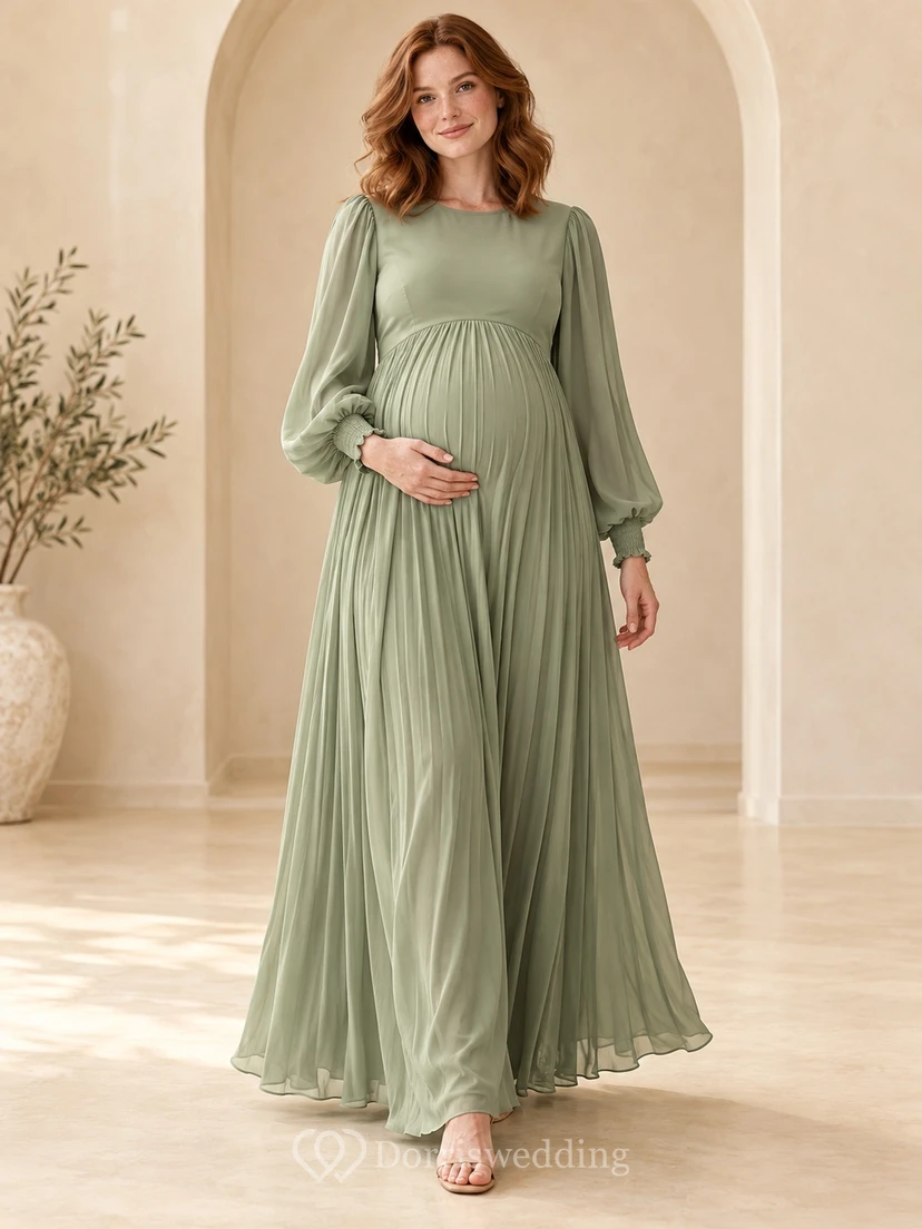 Maternity Long Sleeve Modest Sage Bateau Fine Pleated Formal Gown