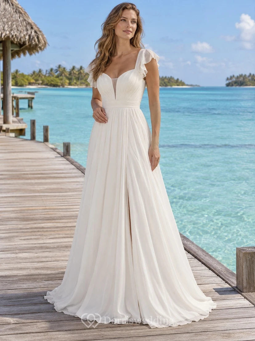 Einfaches, fließendes A-Linien-Brautkleid mit herzförmigem Ausschnitt und kurzen Ärmeln für den Strand.