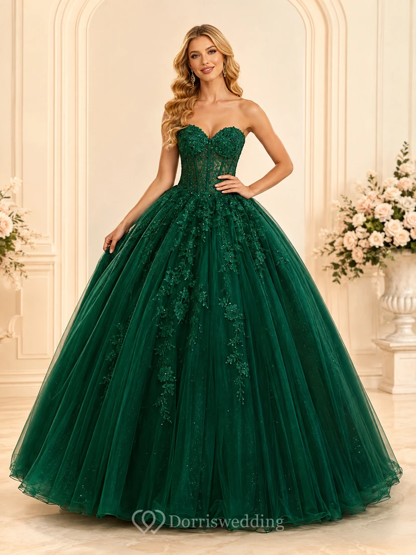 Vestido de gala largo de lujo sin tirantes con escote corazón, encaje y tul, color esmeralda, ideal para quinceañeras.