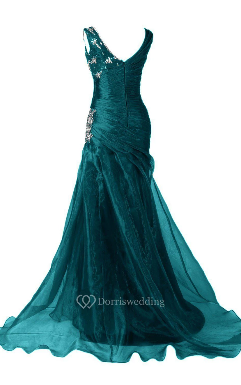 V-neck Mermaid Gown With Ruching and Sequins view 2