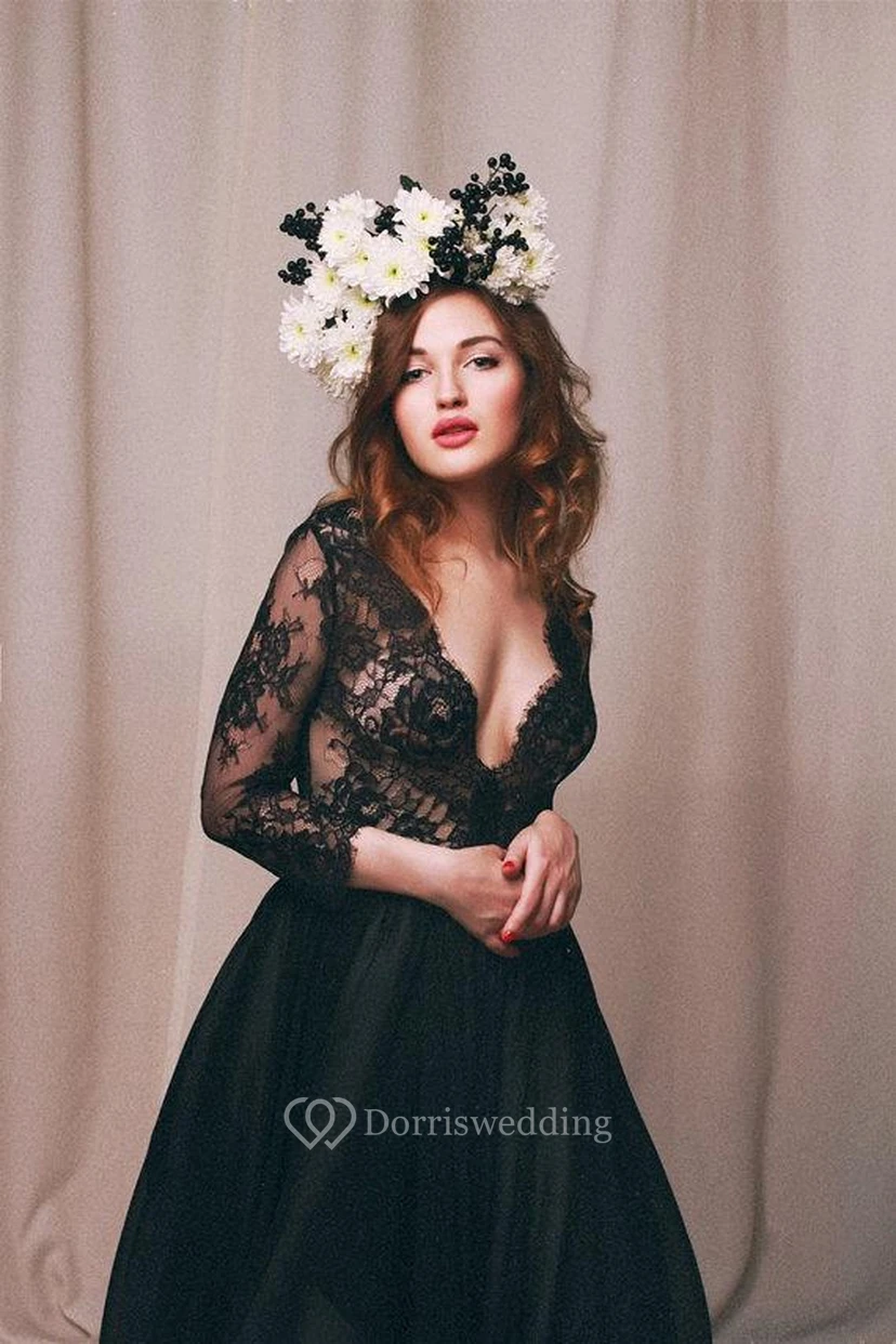 Sexy Black Lace Appliques V-neck Evening Dress 3-4-Length Sleeve A-line view 4