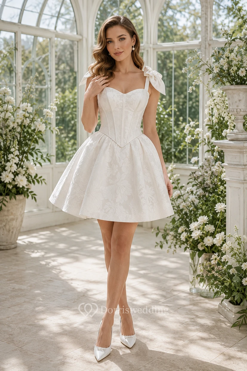 Robe de mariée courte en satin à décolleté en cœur et bretelles nouées, coupe trapèze