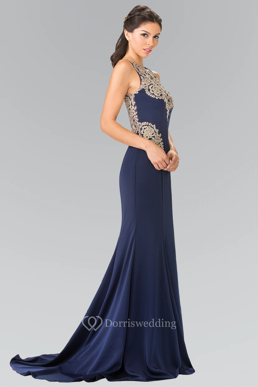 Sheath Maxi Scoop-Neck Sleeveless Jersey Brush Train Dress With Beading view 2