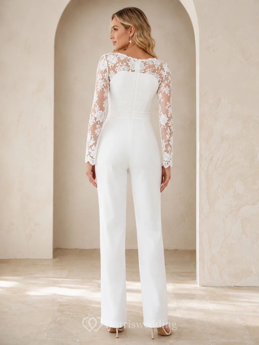 Modern White V-Neck Long Lace Sleeve Formal Jumpsuit Dress Courthouse view 2