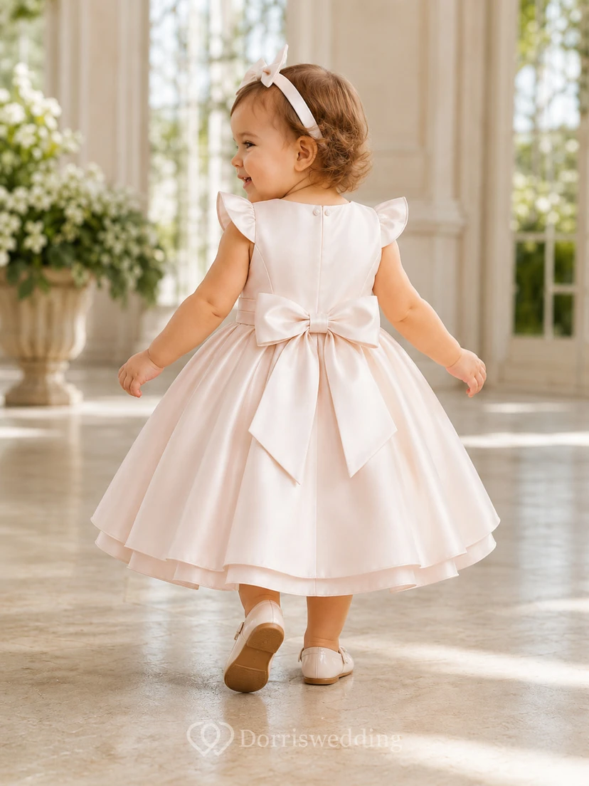 Blush Satin Baptism Dress A-Line Jewel Neck Sleeveless Bow Back view 2