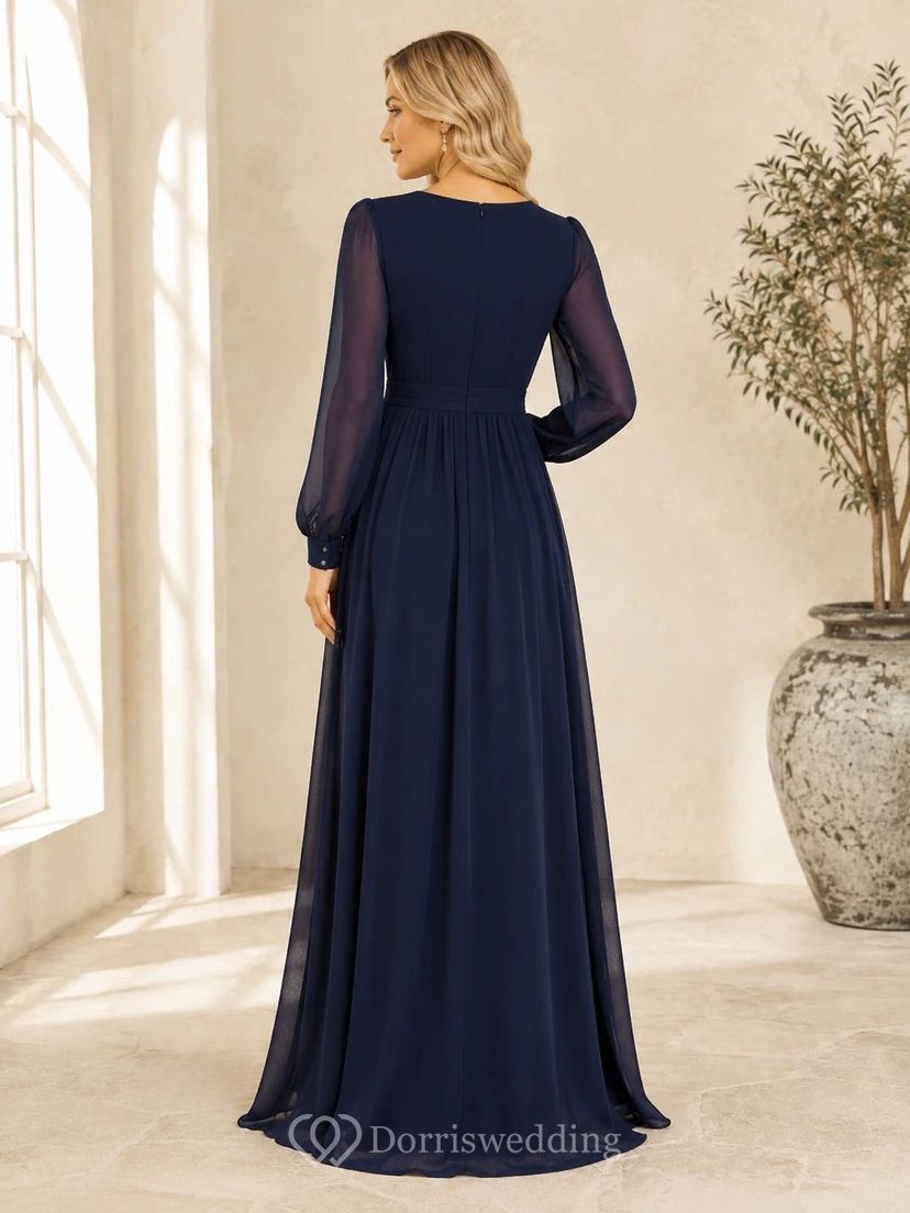 Dark Navy V Neck Long Sleeve Chiffon Empire Maxi Guest Reception Dress view 2