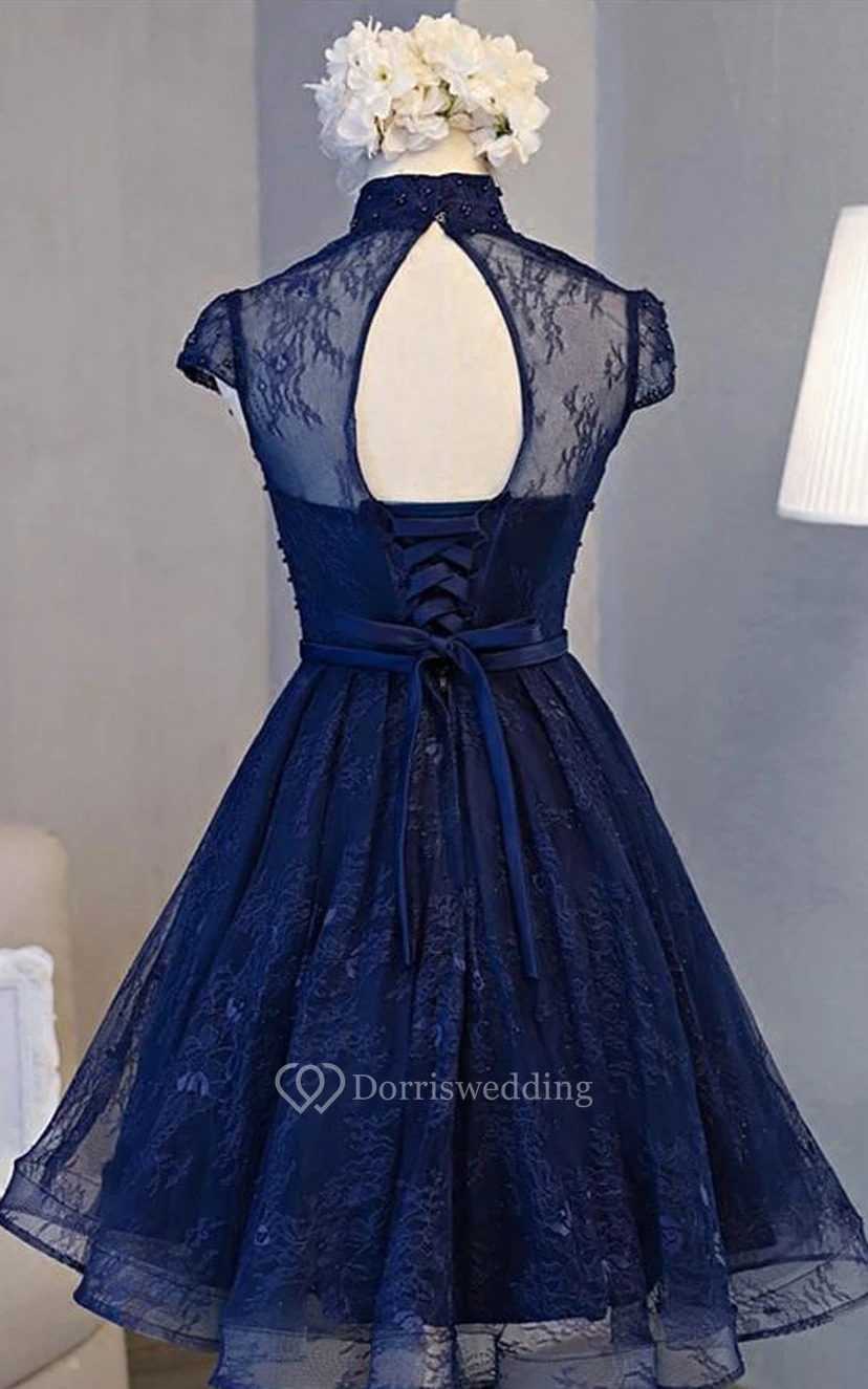 Lace Knee-length A Line Short Sleeve Modest Formal Dress with Ribbon view 2