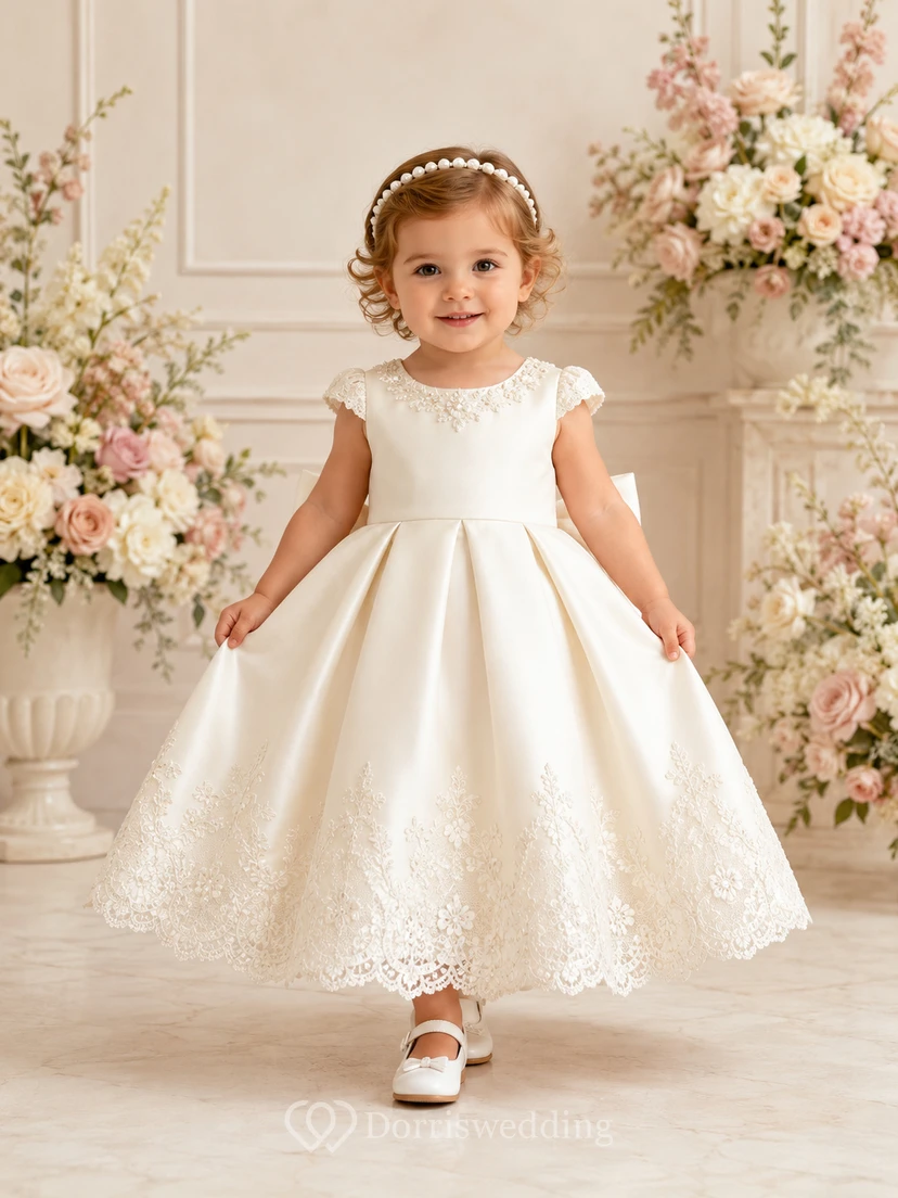 Luxuriöses, ärmelloses A-Linien-Taufkleid mit Spitzensaum, knielang