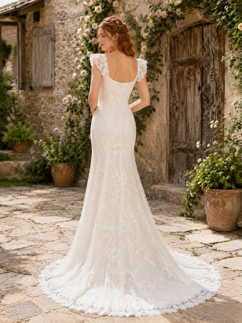 Boho Square-Neck Cap-Sleeve Lace Tulle Mermaid Floor-length Sweep Romantic Bridal Gown view 2