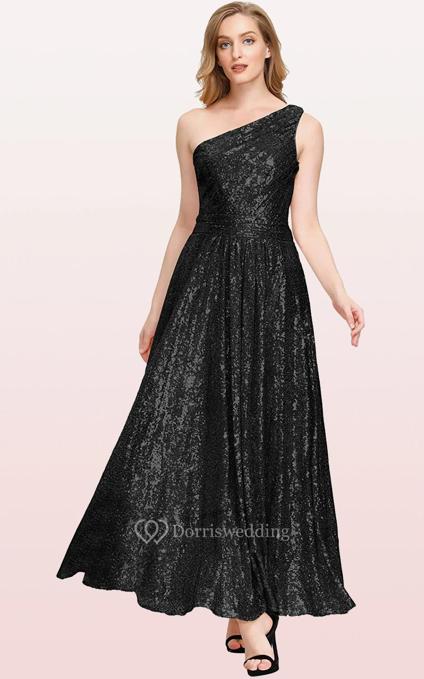Vintage-Brautjungfernkleid mit One-Shoulder-Ausschnitt, A-Linie, ärmellos, knöchellang, Pailletten und Raffungen view 2