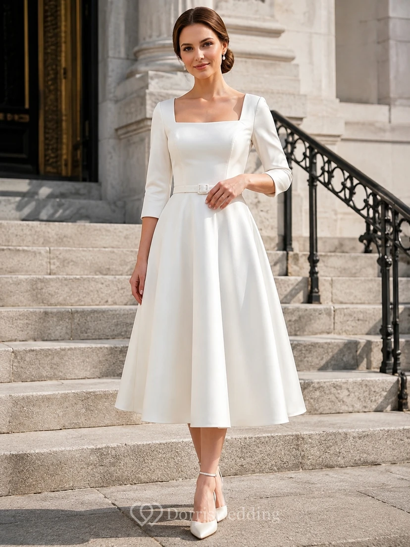 Vintage Teelänge, eckiger Ausschnitt, Dreiviertelärmel, schlichtes Satin-A-Linien-Brautkleid für standesamtliche Trauungen