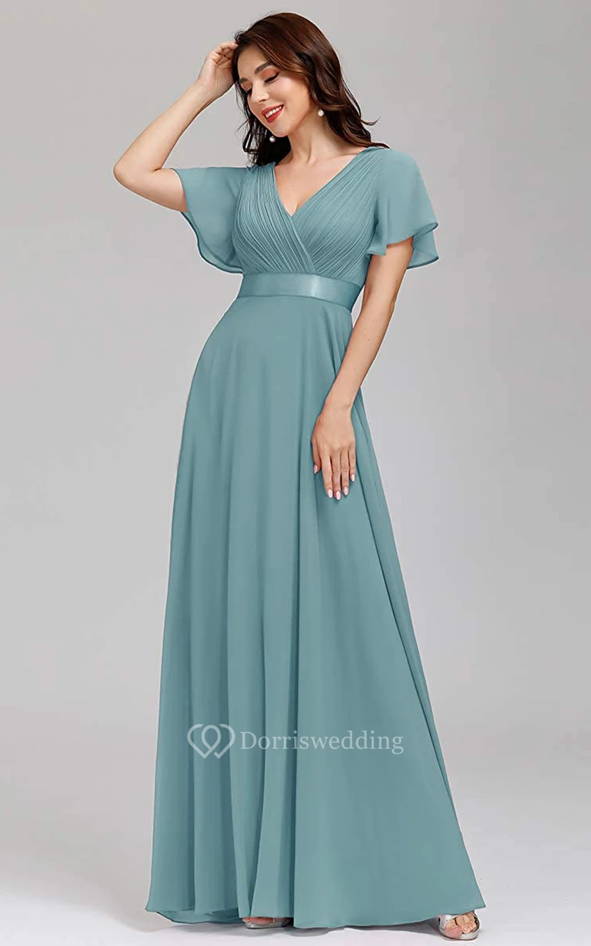 Elegant Chiffon V-neck A Line Short Sleeve Prom Mother Dress With Ruffles view 6