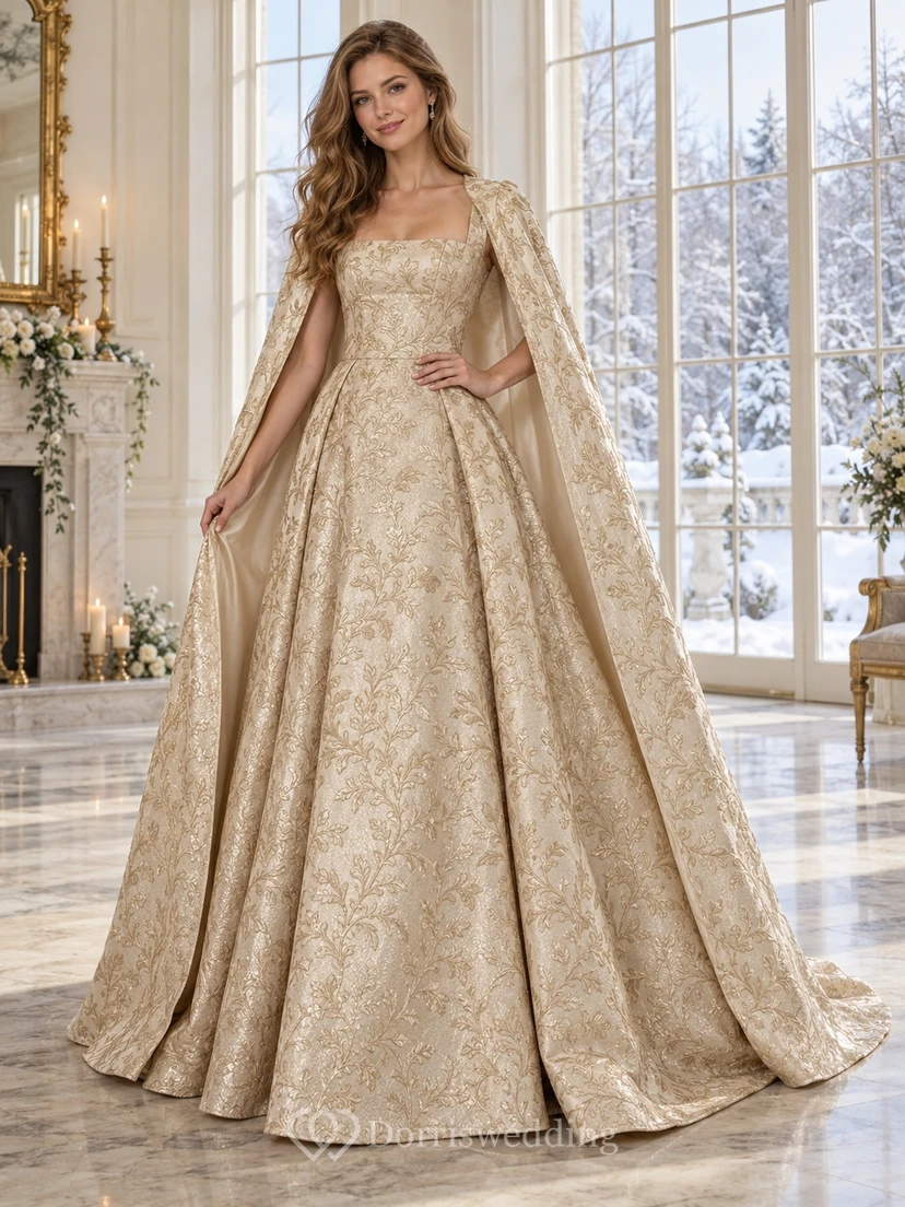 Goldfarbenes, ärmelloses, gemustertes Brokat-Cape mit quadratischem Ausschnitt und A-Linien-Brautkleid