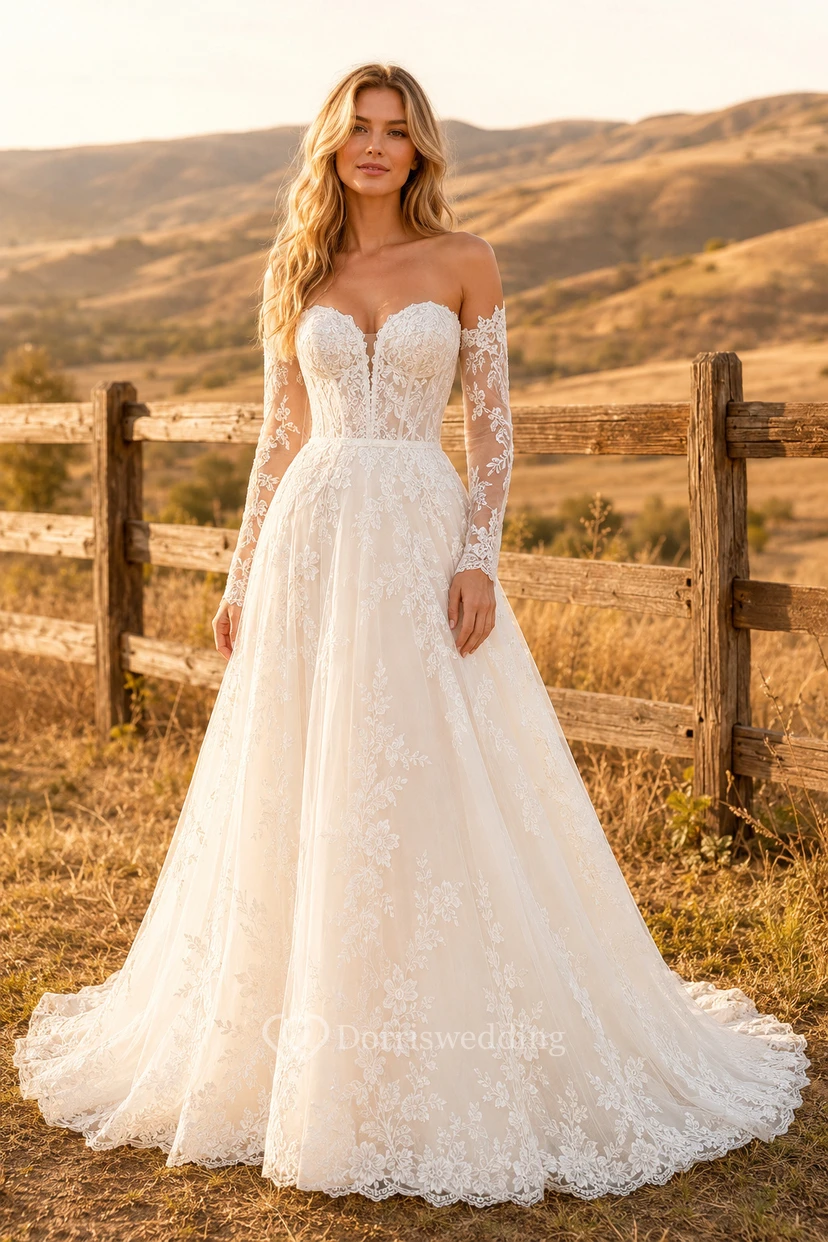 Vestido de novia de encaje con escote Bardot, corte en A y mangas largas.