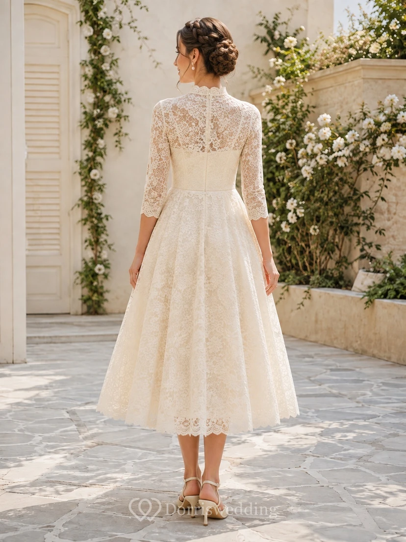 Modest Vintage Three-Quarter Lace Sleeve High Neck Tea-Length A-Line Simple Wedding Dress view 2