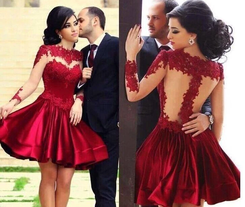 Nuevos vestidos de fiesta de satén y encaje hasta la rodilla con mangas largas y cuello alto transparentes. view 3