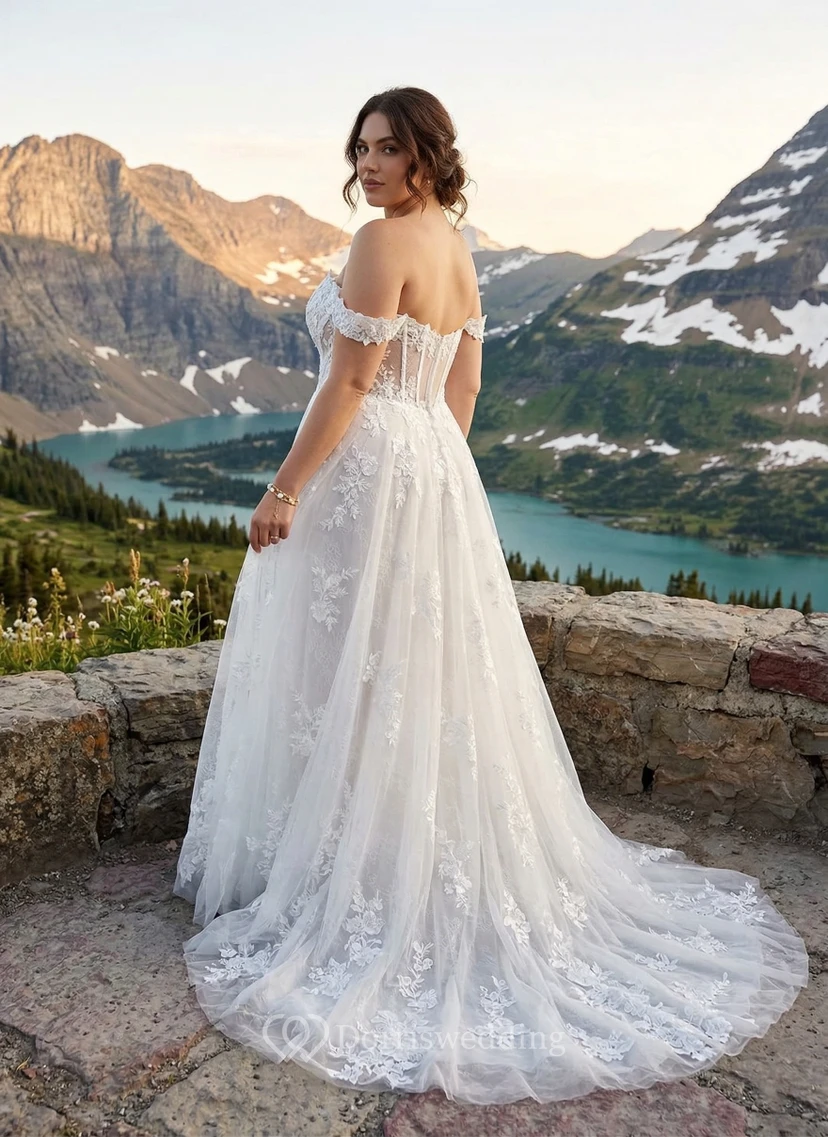 Plus Size Off Shoulder Lace Tulle A-Line Wedding Dress with Corset Back