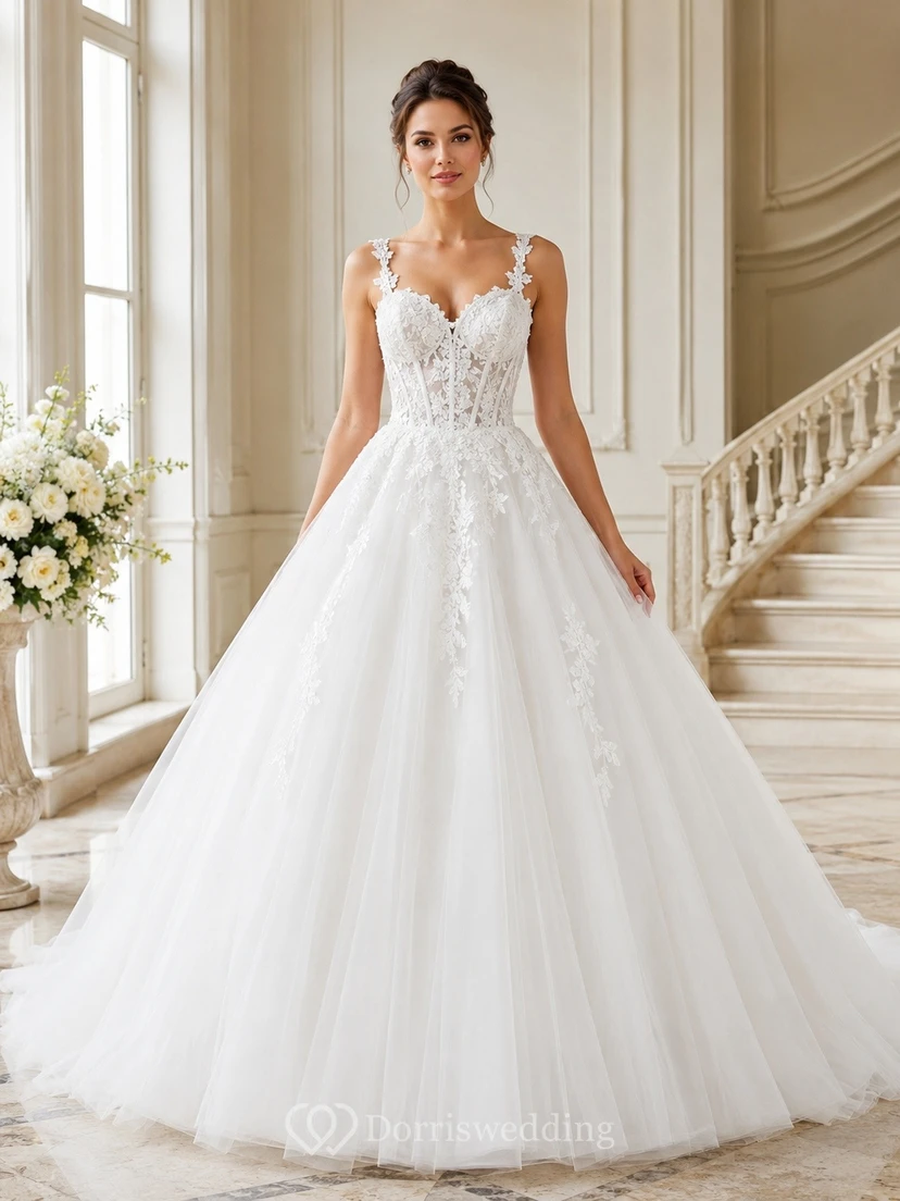 Vestido de novia de gala sin mangas con tirantes y escote corazón de encaje