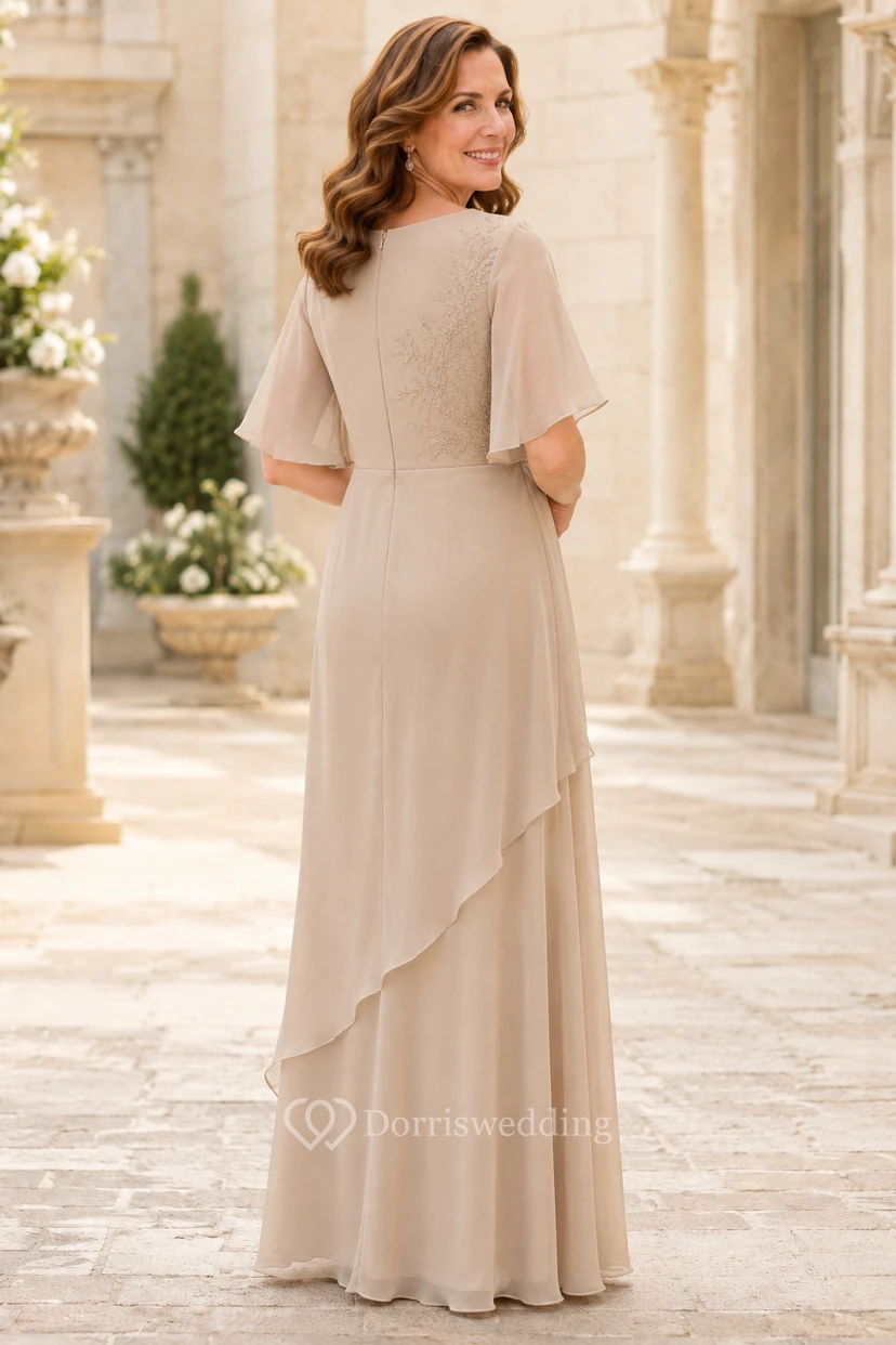 Champagnerfarbenes Chiffon-Kleid in A-Linie mit Spitzenoberteil und Volantärmeln view 2