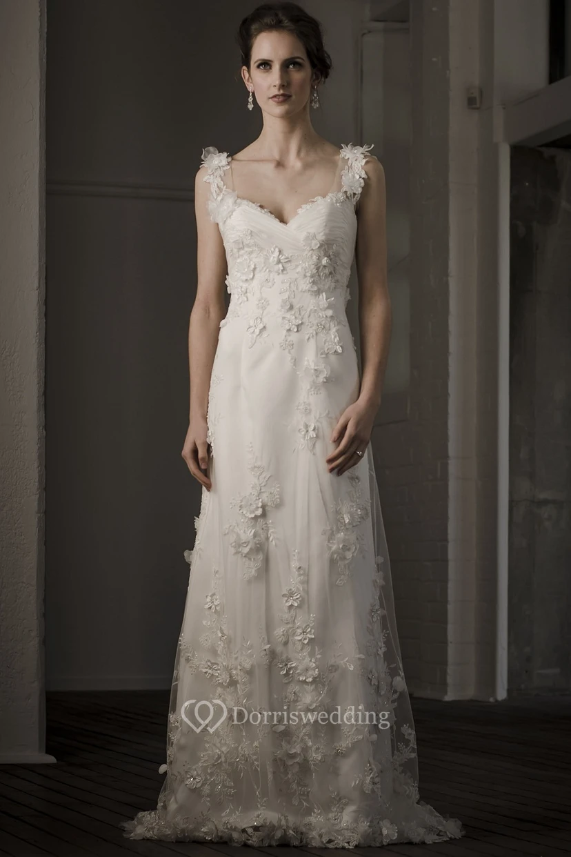 Sheath V-Neck Floor-Length Sleeveless Floral Wedding Dress With Appliques