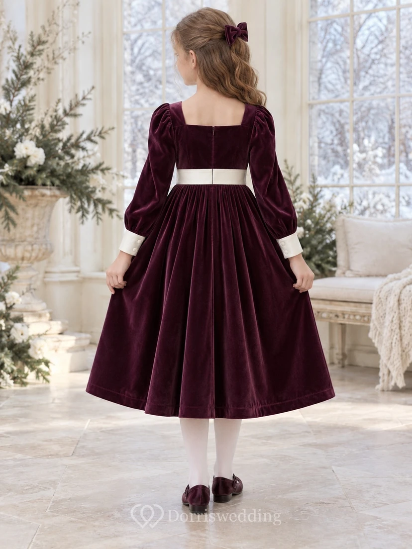 Plum Velvet Square Neck Ivory Sash Long Sleeve Flower Girl Dress view 2