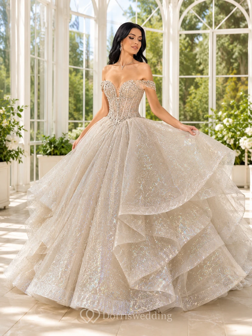 Champagne Luxury Off Shoulder Layered Holographic Glitter Quinceanera Princess Ball Gown