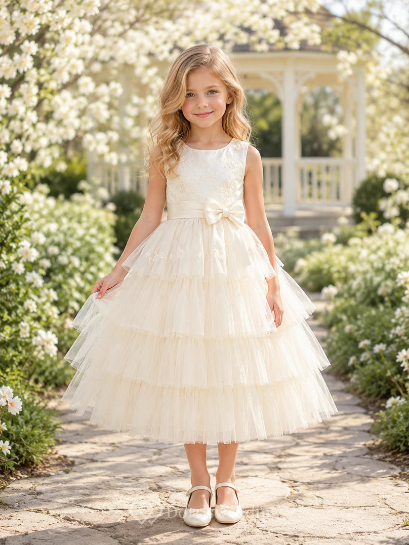 Vestido de novia de niña de las flores, sin mangas, de corte A, largo hasta la rodilla, con volantes de tul y encaje, con lazo, ideal para bodas en el jardín.