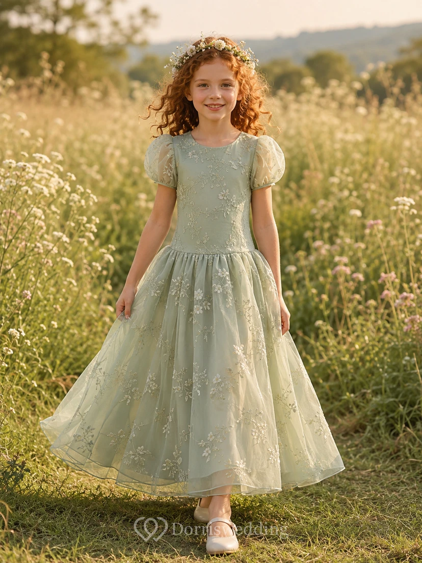 Sage Dropped Waist A-Line Floral Embroidered Tulle Flower Girl Dress, Short Sleeve Puff, Jewel Neck, Tea-Length Country