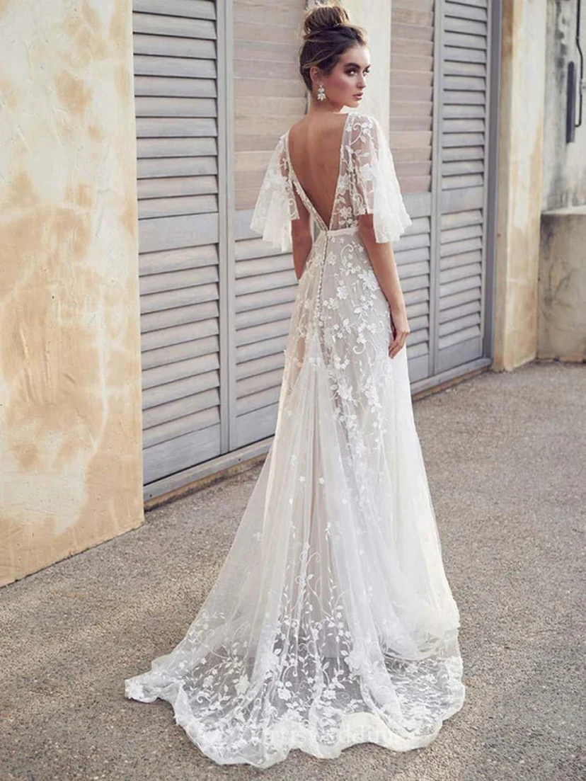 White V-Neck Lace Wedding Dress view 3
