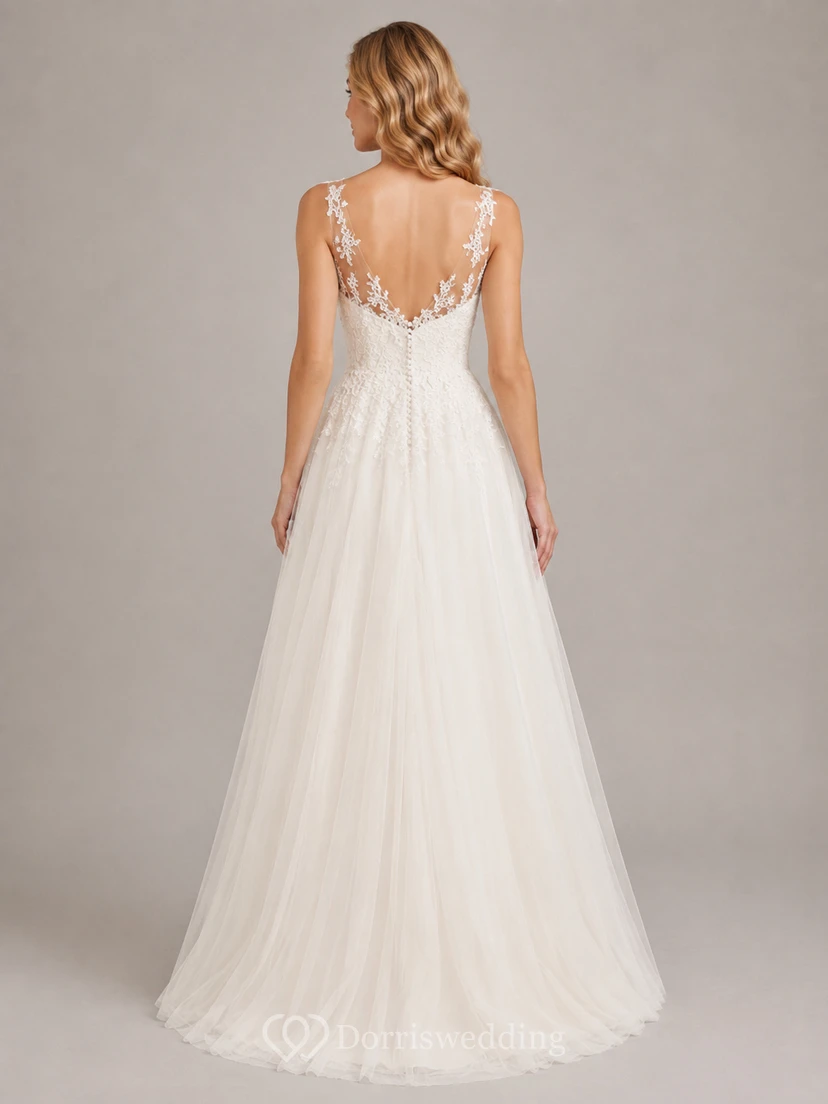 Preiswertes Brautkleid aus Tüll im A-Linien-Stil mit Spitzenträgern view 2